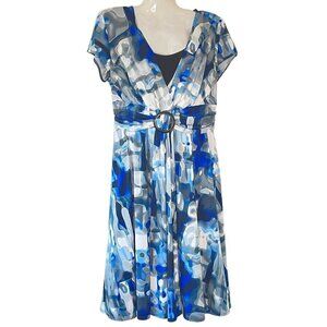 Kathy Roberts Wrap Midi Dress Blue Grey Black Abstract Geometric Cap Sleeve  10